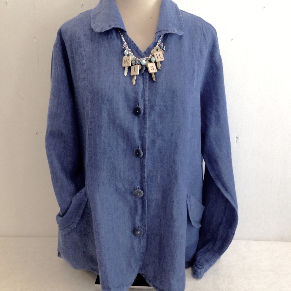 FLAX Linen Chambray Peplum Back Pockets Jacket